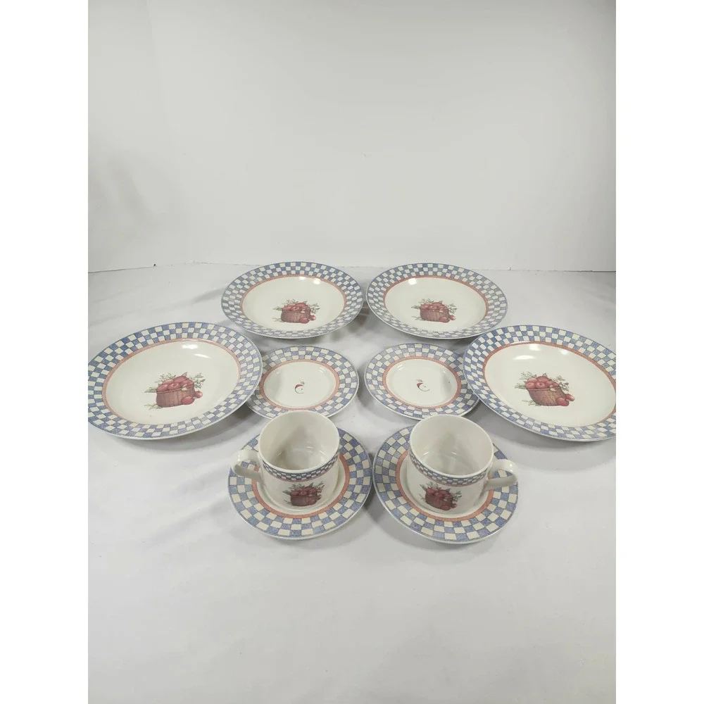 International Tableworks Apple Basket Susan Winget Stoneware Set Blue Checkered